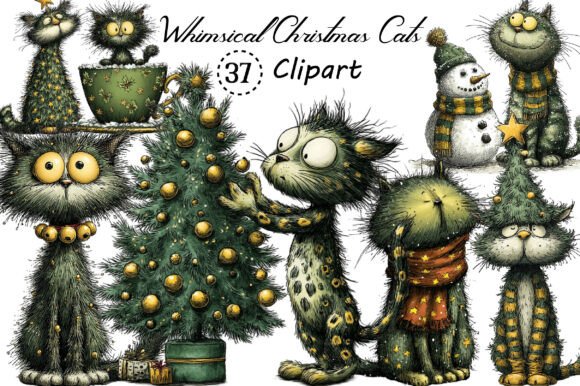 Download Whimsical Christmas Cats Clipart Bundle - Christmas cats Collection